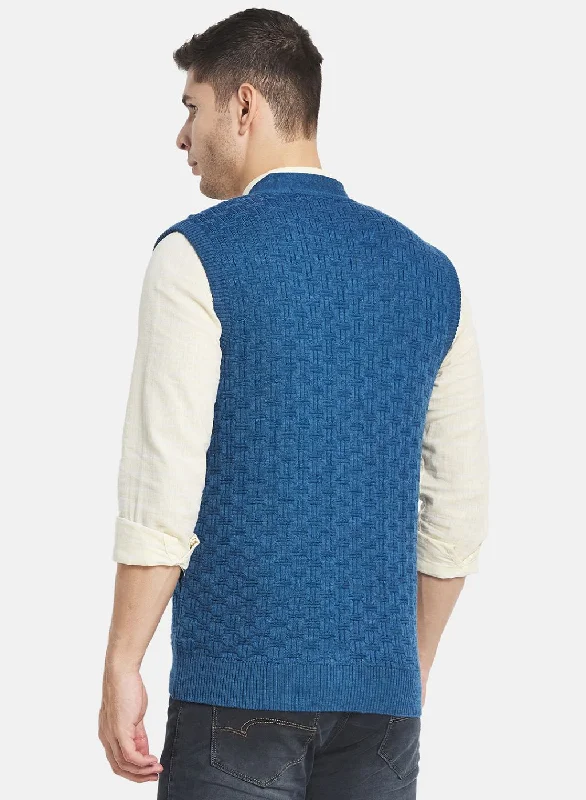 Men Blue Self Design Cardigan