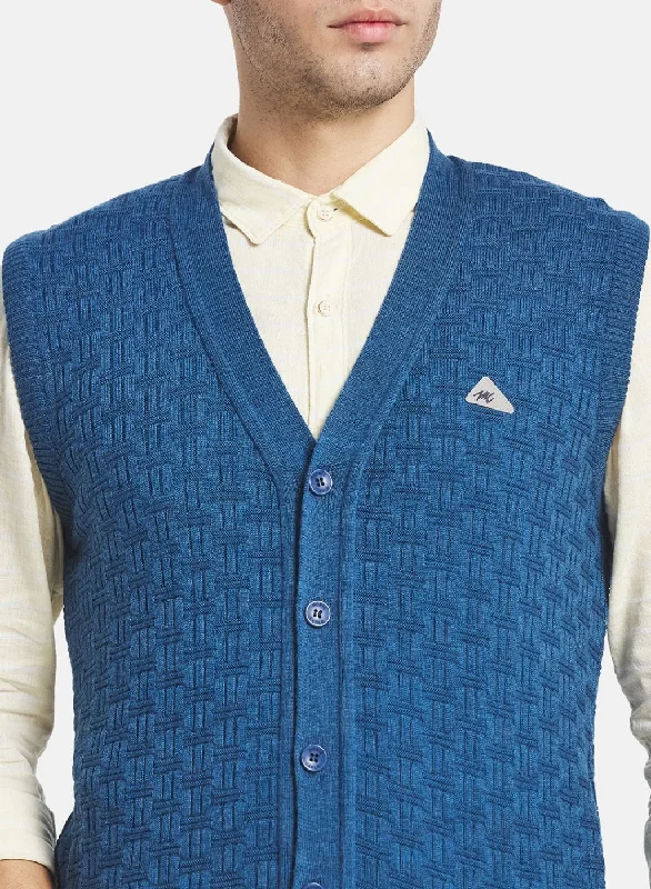 Men Blue Self Design Cardigan