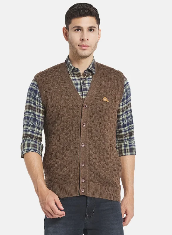 Men Brown Self Design Cardigan