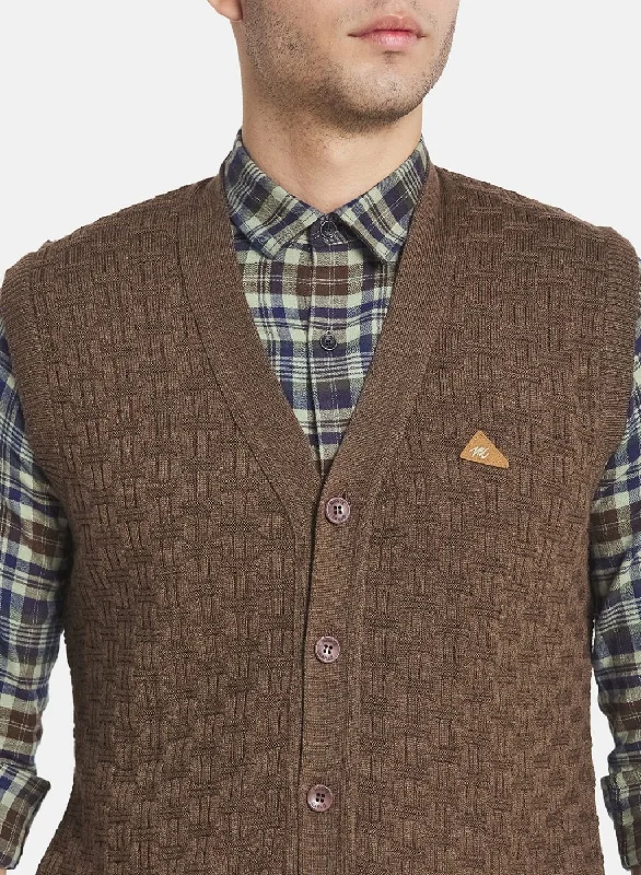 Men Brown Self Design Cardigan