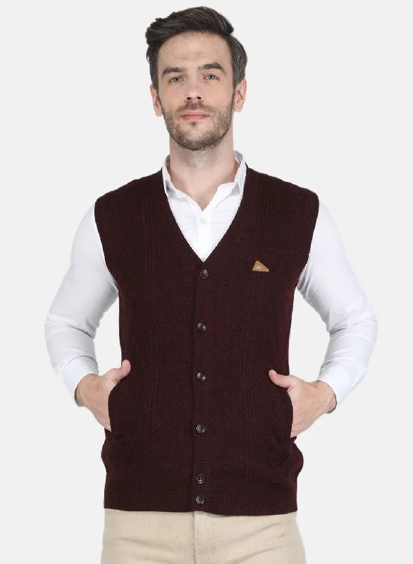 Men Maroon Self design Cardigan