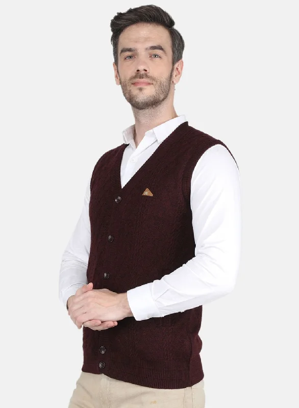 Men Maroon Self design Cardigan