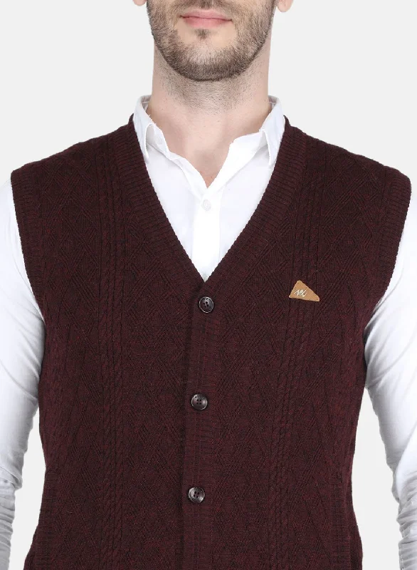 Men Maroon Self design Cardigan