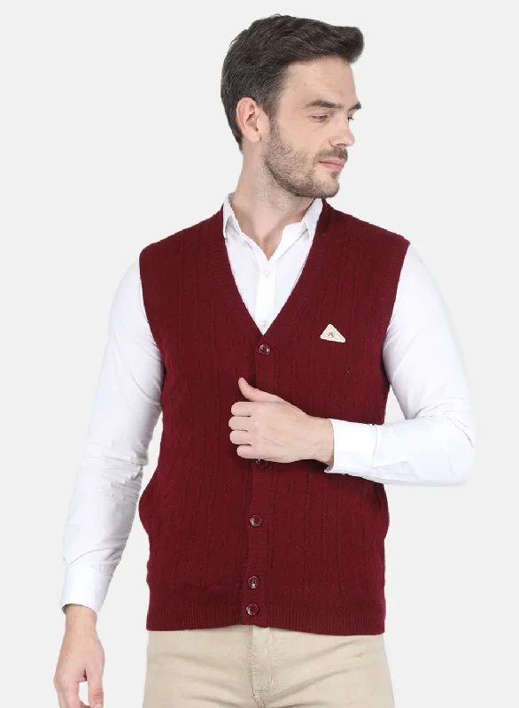 Men Maroon Self design Cardigan