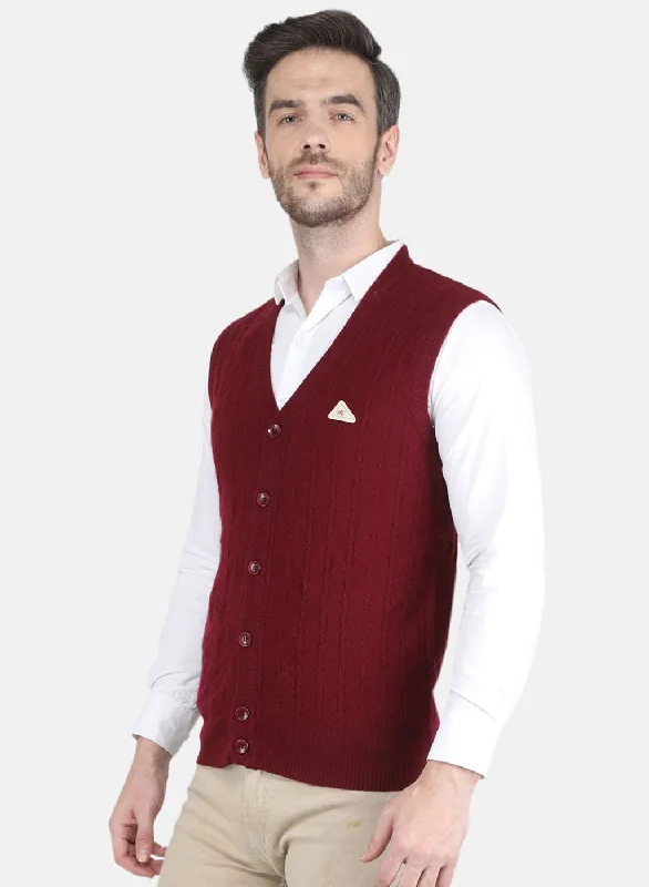 Men Maroon Self design Cardigan