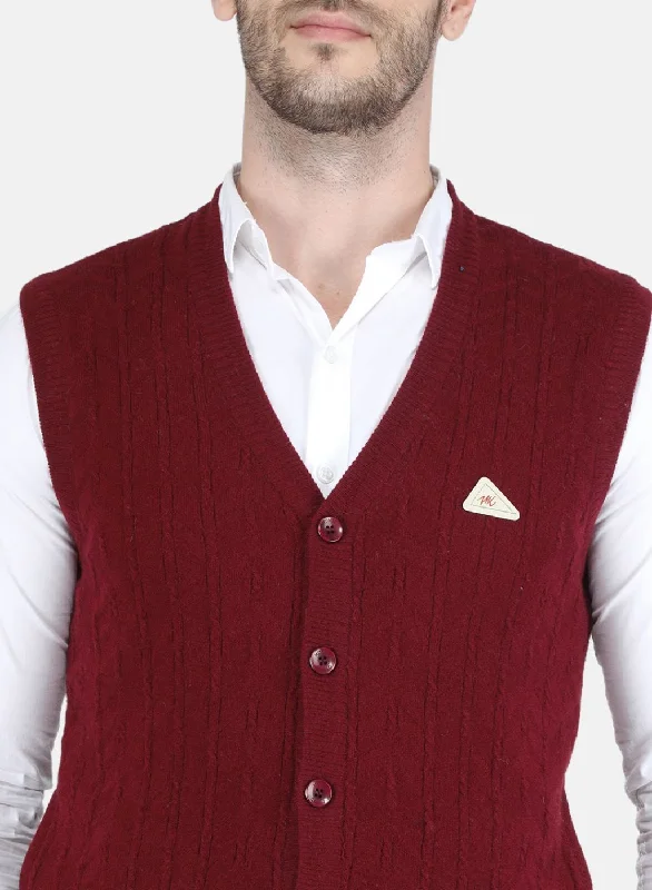 Men Maroon Self design Cardigan