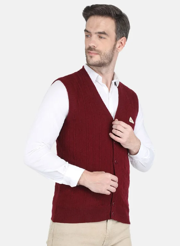 Men Maroon Self design Cardigan