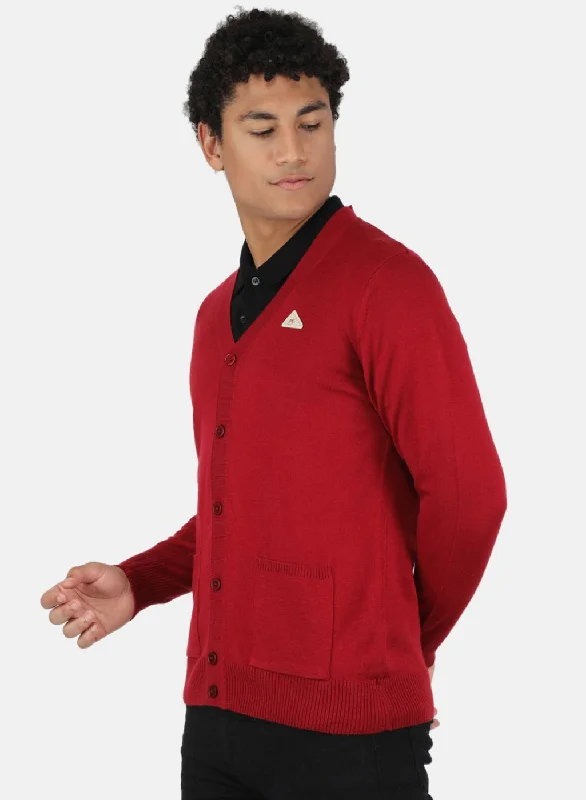 Men Maroon Solid Cardigan