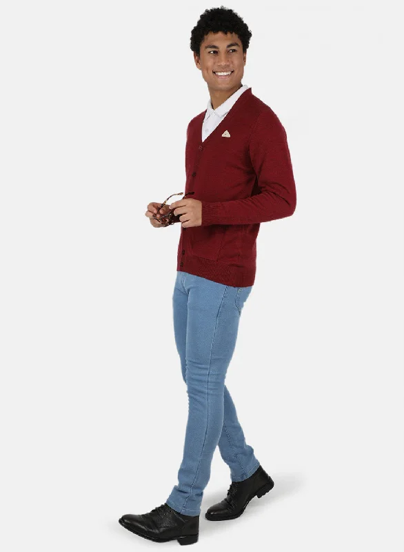 Men Maroon Solid Cardigan