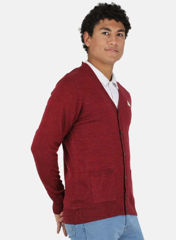 Men Maroon Solid Cardigan