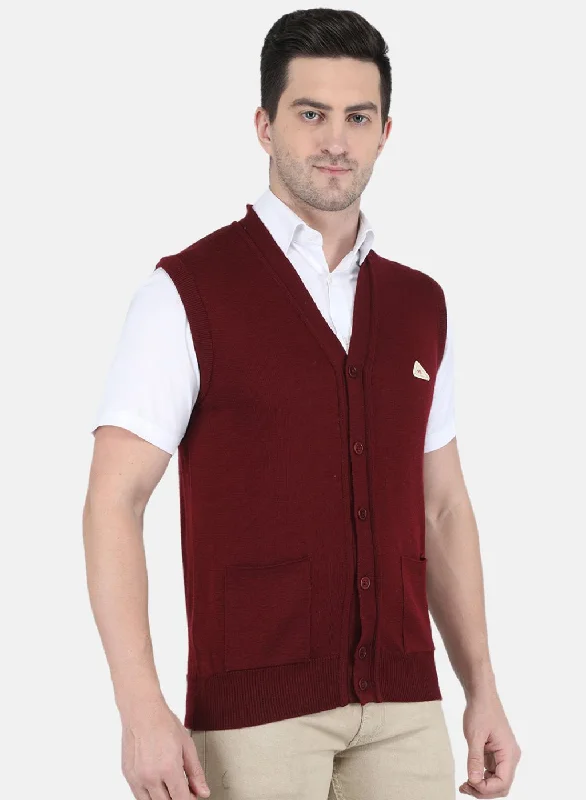 Men Maroon Solid Cardigan