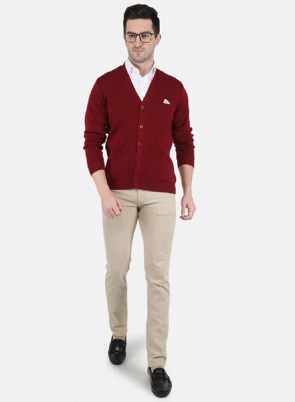 Men Maroon Solid Cardigan