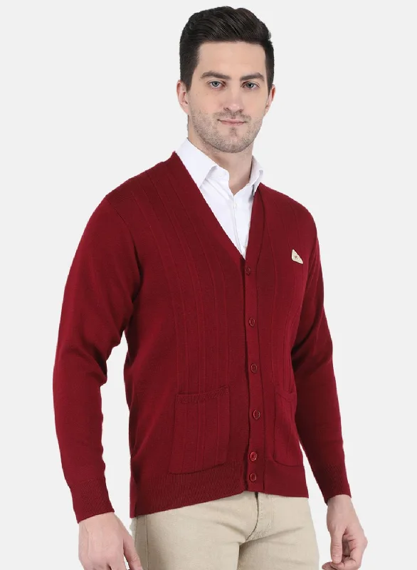 Men Maroon Solid Cardigan