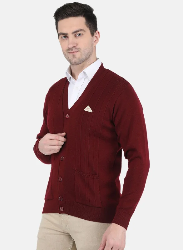 Men Maroon Solid Cardigan