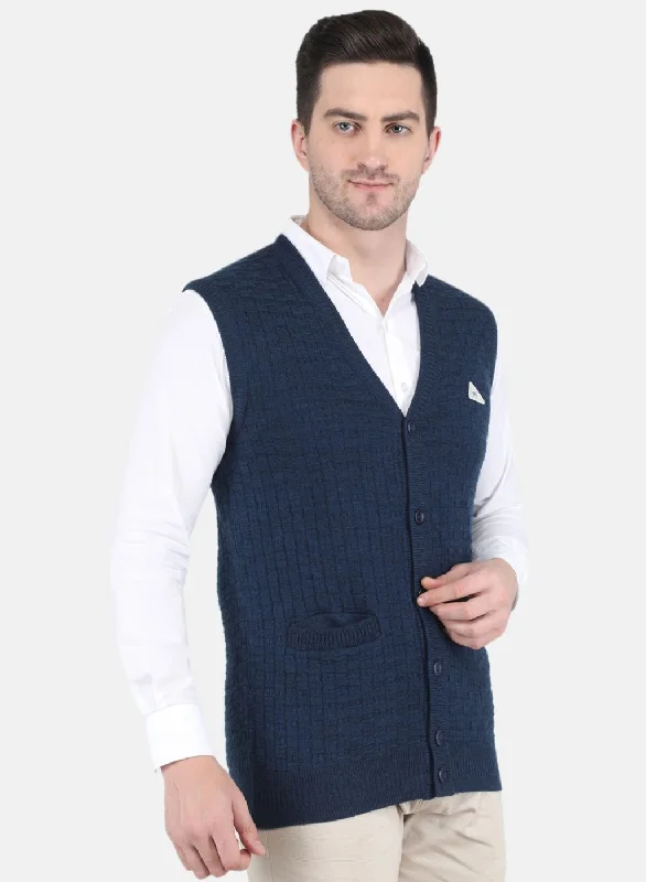 Men NAvy Blue Self Design Cardigan