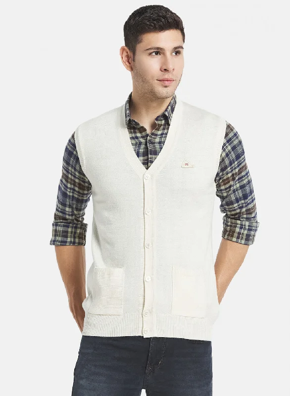 Men Off White Solid Cardigan