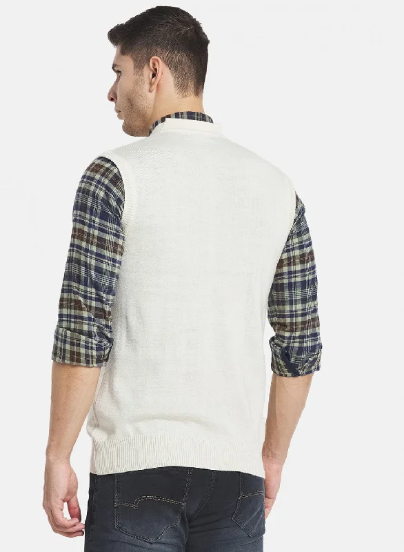 Men Off White Solid Cardigan