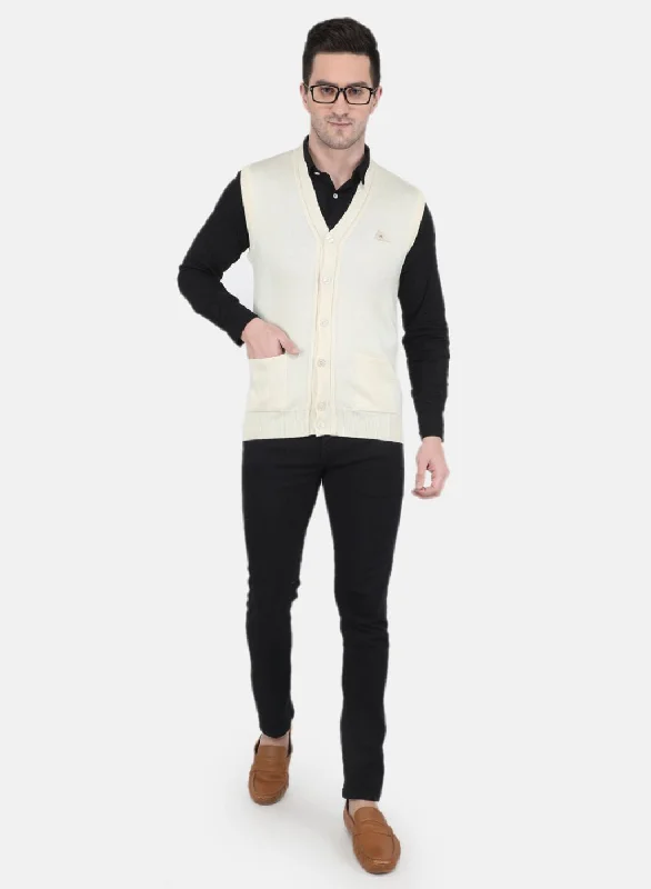 Men Off White Solid Cardigan