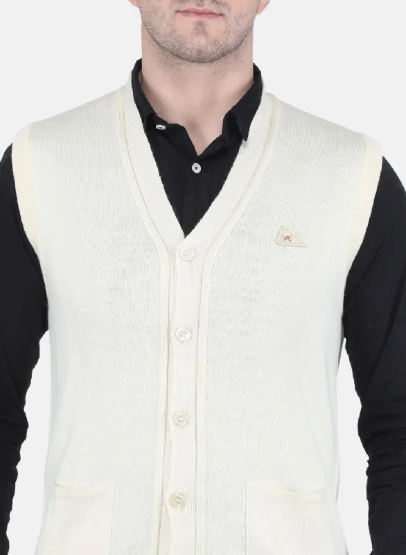 Men Off White Solid Cardigan