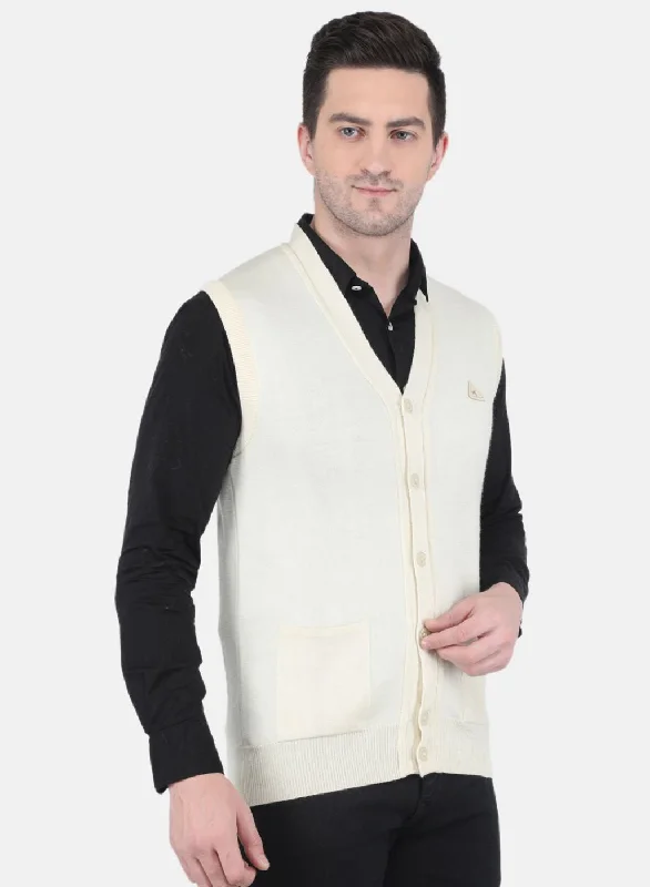 Men Off White Solid Cardigan