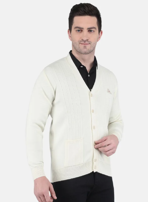 Men Off White Solid Cardigan