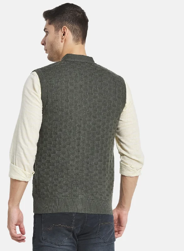 Men Olive Self Design Cardigan