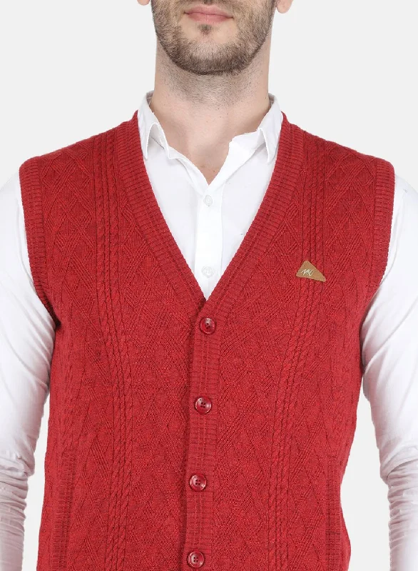 Men Red Self design Cardigan