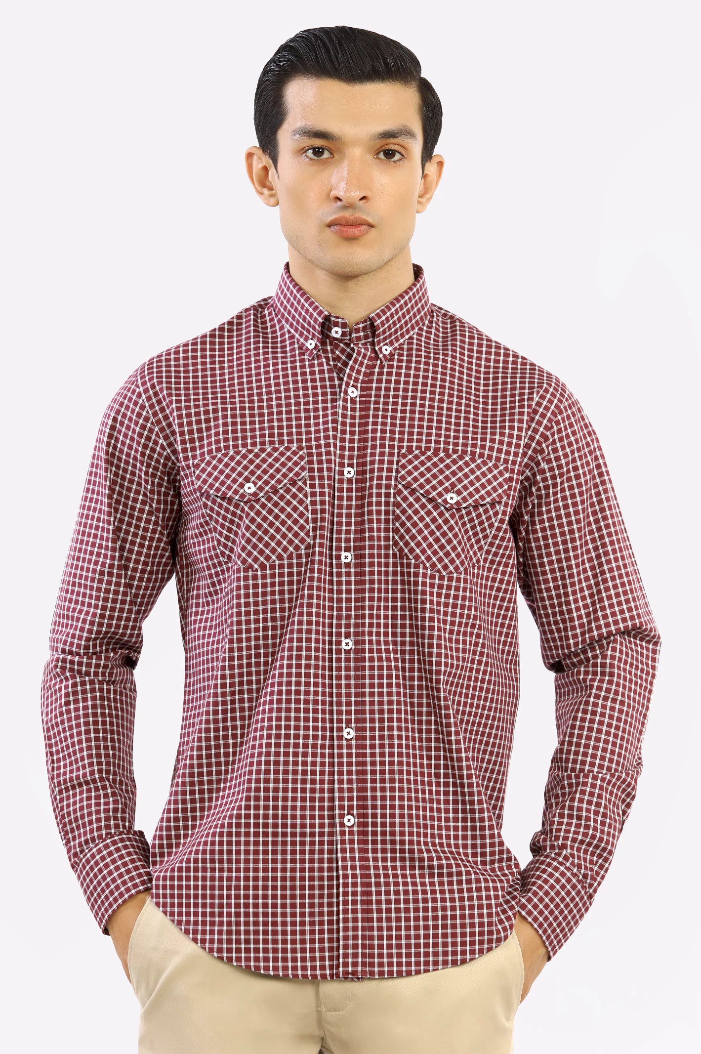 Maroon Windowpane Check Casual Shirt