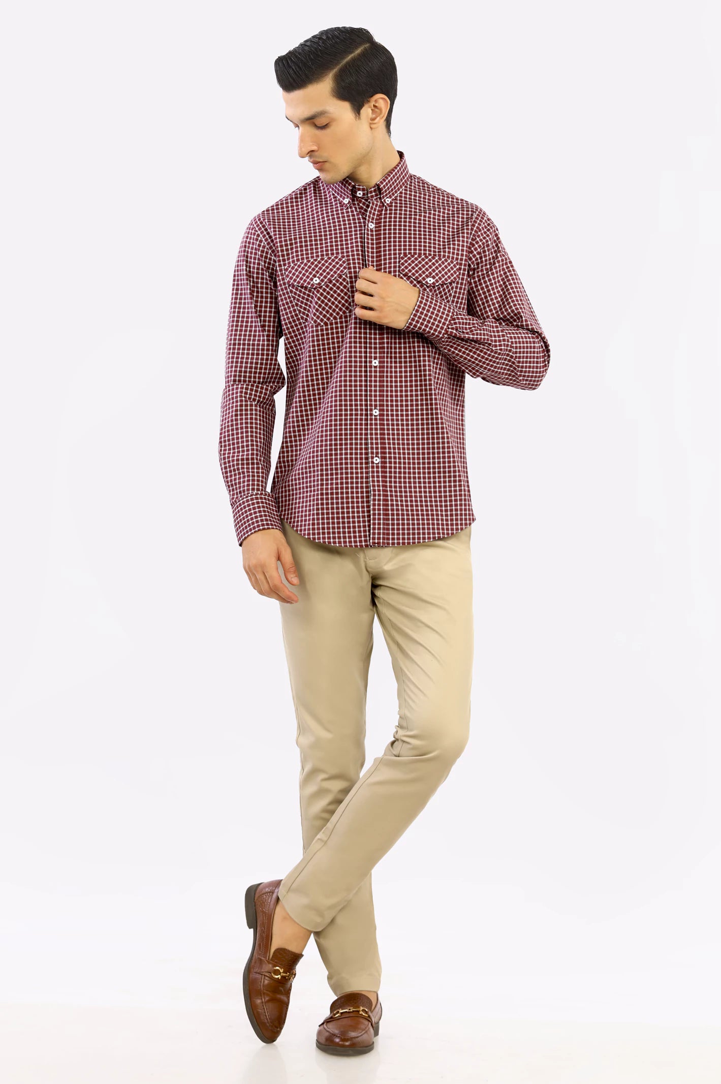 Maroon Windowpane Check Casual Shirt