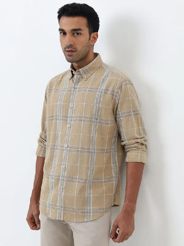 Ascot Beige Checkered Relaxed-Fit Cotton Blend Shirt