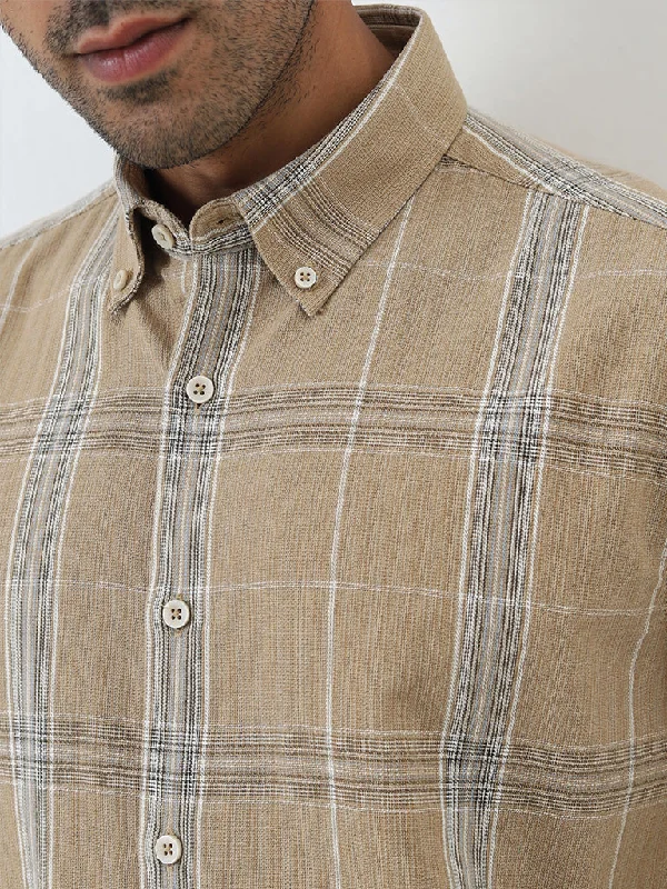 Ascot Beige Checkered Relaxed-Fit Cotton Blend Shirt