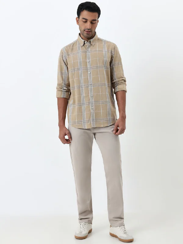 Ascot Beige Checkered Relaxed-Fit Cotton Blend Shirt