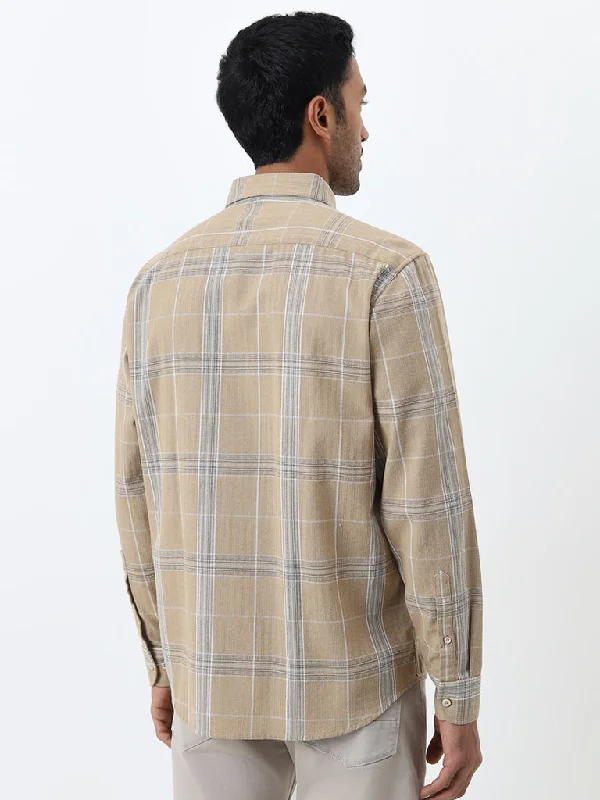 Ascot Beige Checkered Relaxed-Fit Cotton Blend Shirt