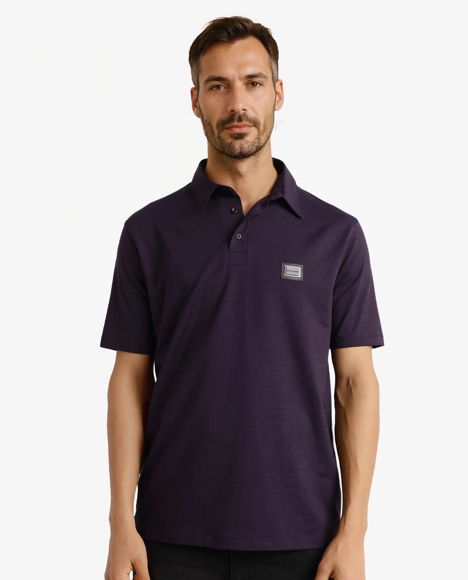 Rare Rabbit Men Badger-2 Dark Purple Short Sleeve Collared Neck Button Closure Plain Polo