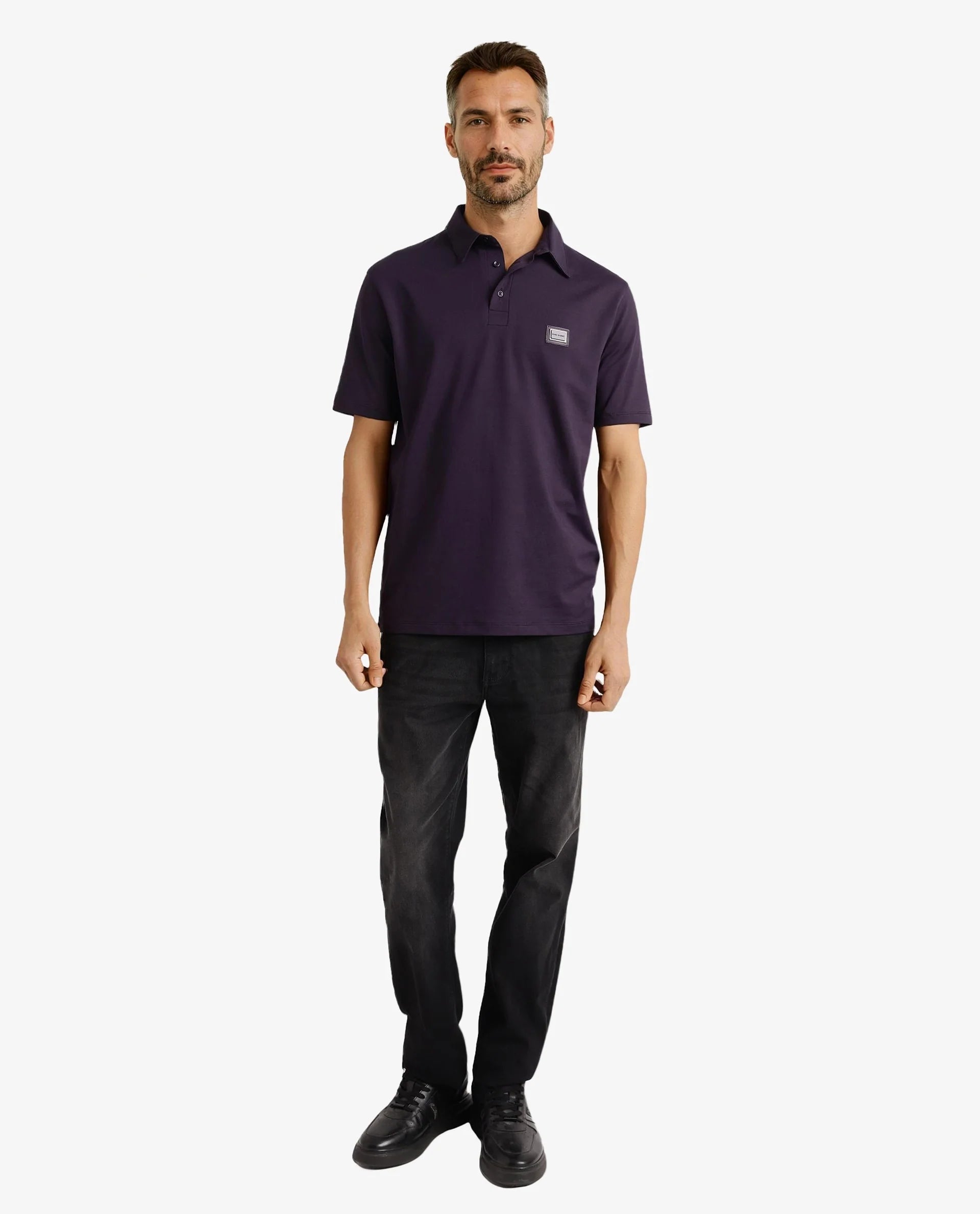 Rare Rabbit Men Badger-2 Dark Purple Short Sleeve Collared Neck Button Closure Plain Polo