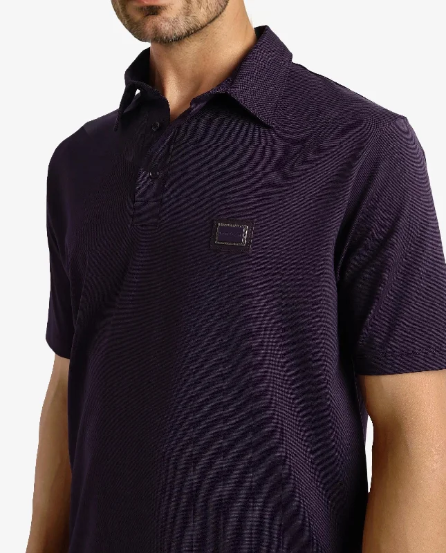 Rare Rabbit Men Badger-2 Dark Purple Short Sleeve Collared Neck Button Closure Plain Polo