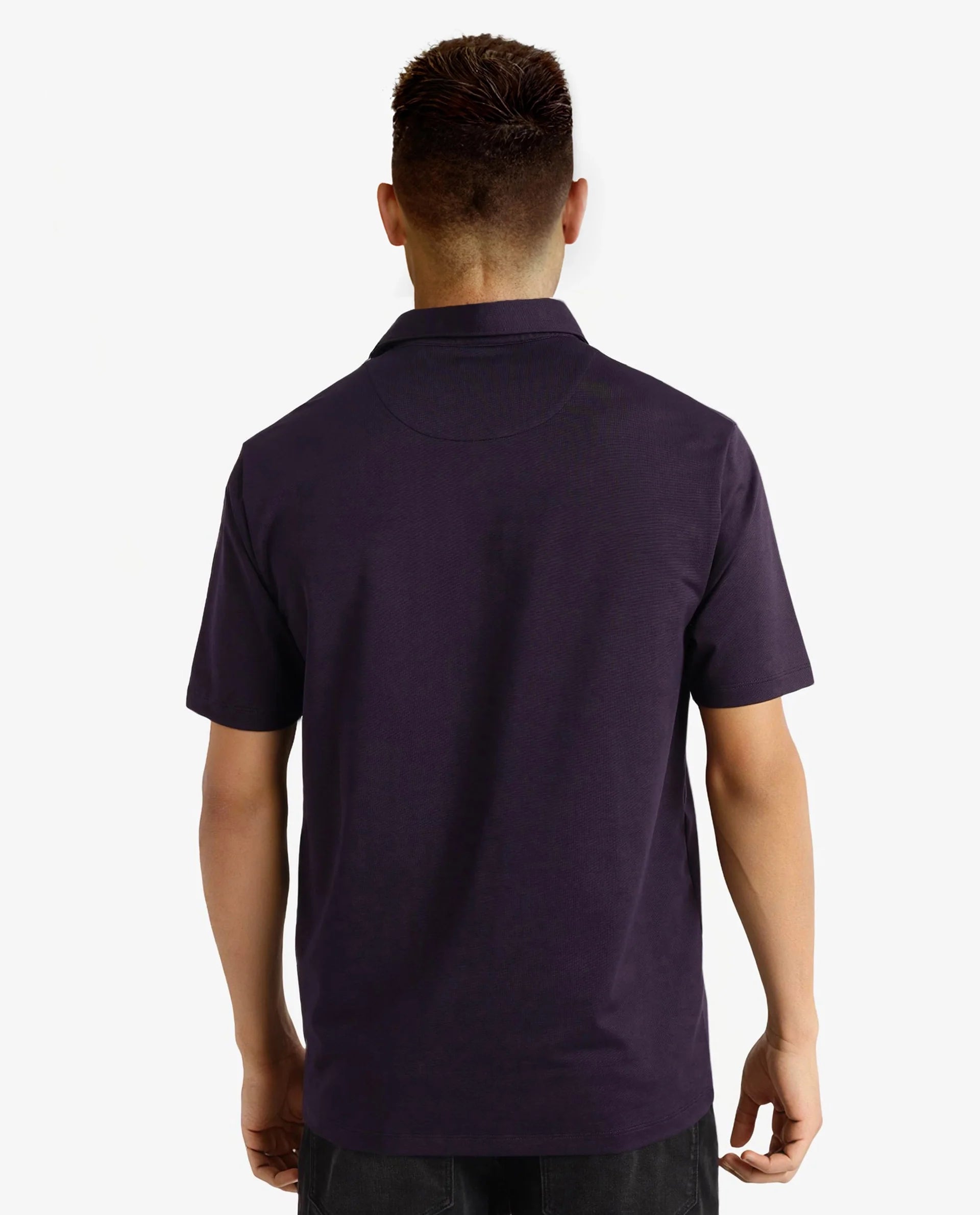 Rare Rabbit Men Badger-2 Dark Purple Short Sleeve Collared Neck Button Closure Plain Polo