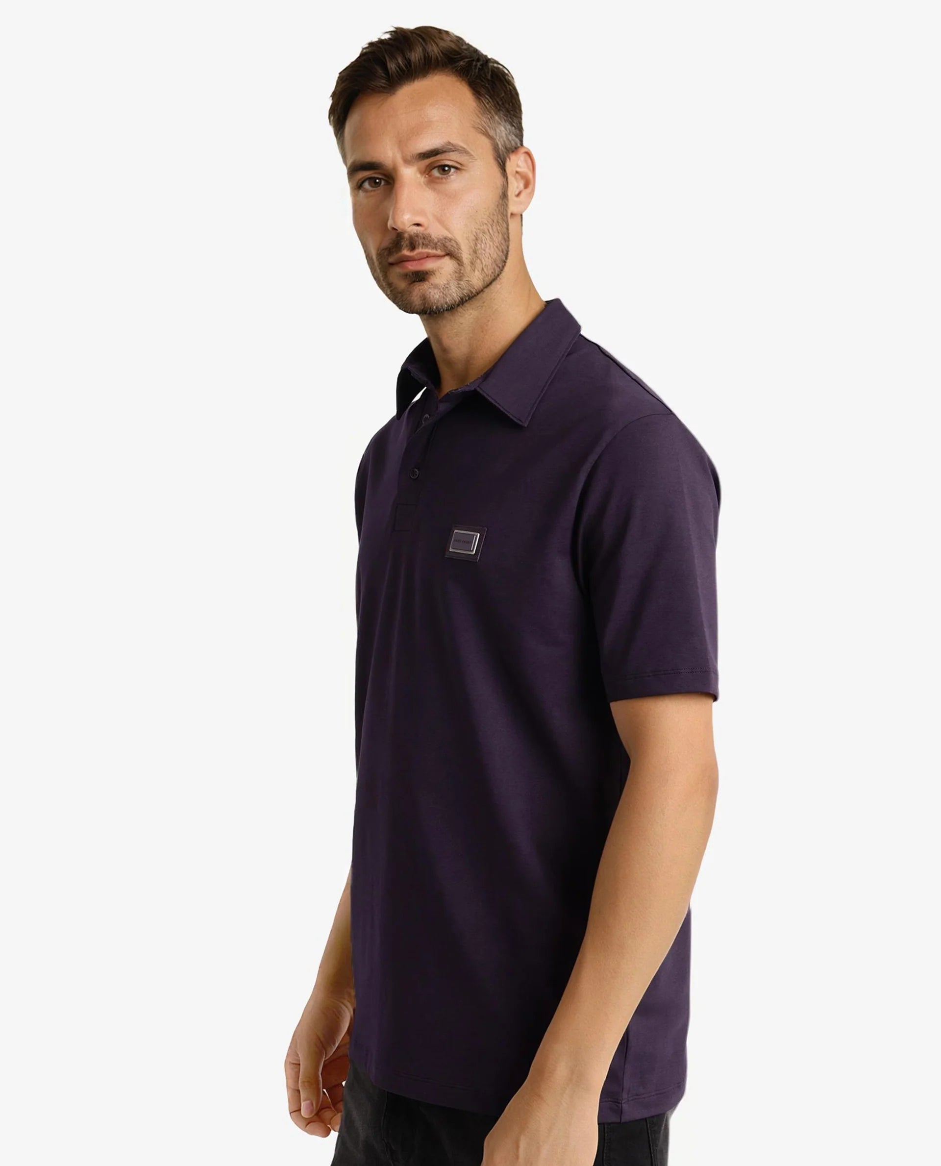 Rare Rabbit Men Badger-2 Dark Purple Short Sleeve Collared Neck Button Closure Plain Polo