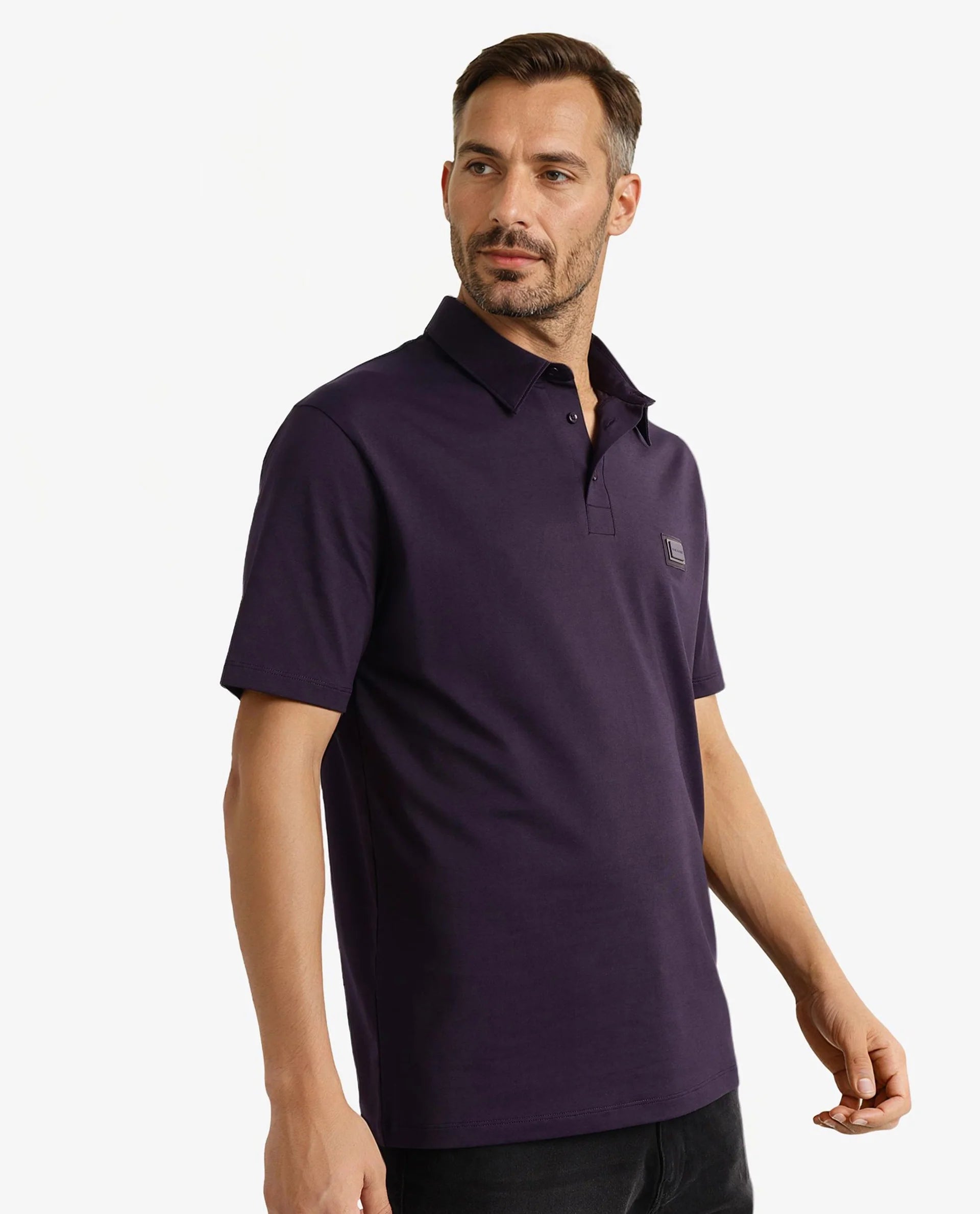 Rare Rabbit Men Badger-2 Dark Purple Short Sleeve Collared Neck Button Closure Plain Polo