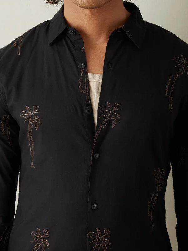 Black Embroidered Plain Casual Shirt