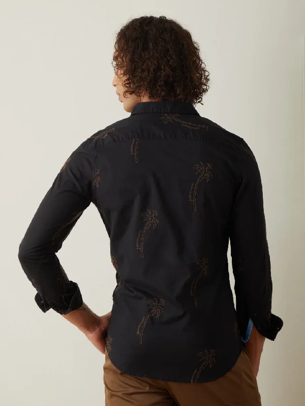 Black Embroidered Plain Casual Shirt