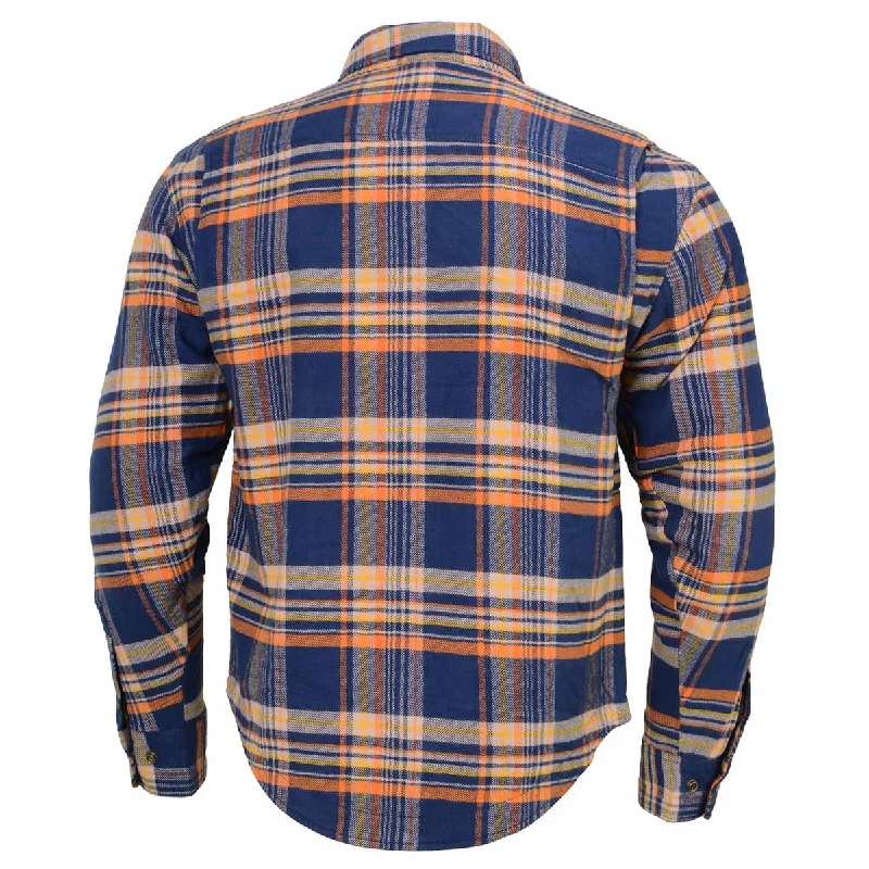 Blue and Orange Flannel Biker Shirt for Men with CE Armor - Reinforced w/ Aramid Fiber