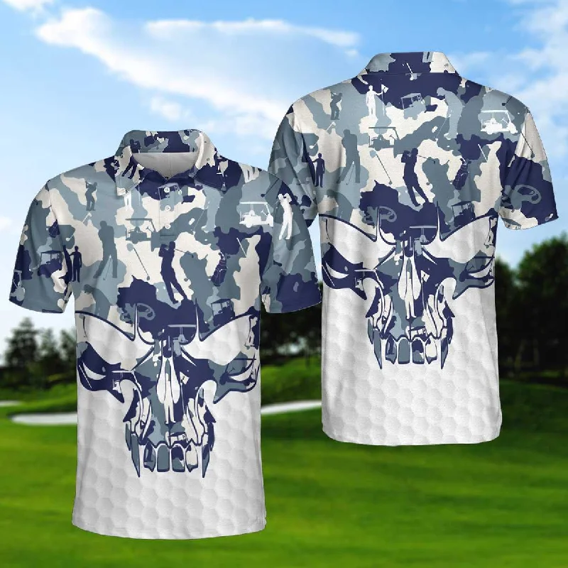 Blue And White Camouflage Golf Set Short Sleeve Skull Golf Polo Shirt, Best Camo Golf Shirt For Men Coolspod