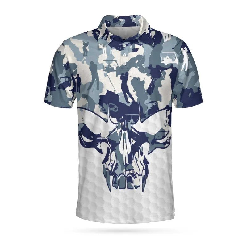 Blue And White Camouflage Golf Set Short Sleeve Skull Golf Polo Shirt, Best Camo Golf Shirt For Men Coolspod