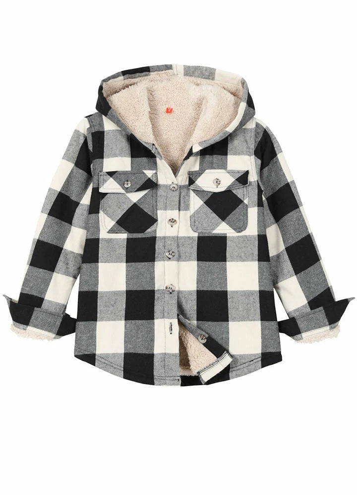 Boys Matching Family Black White Hooded Plaid Flannel Shirt Jacket