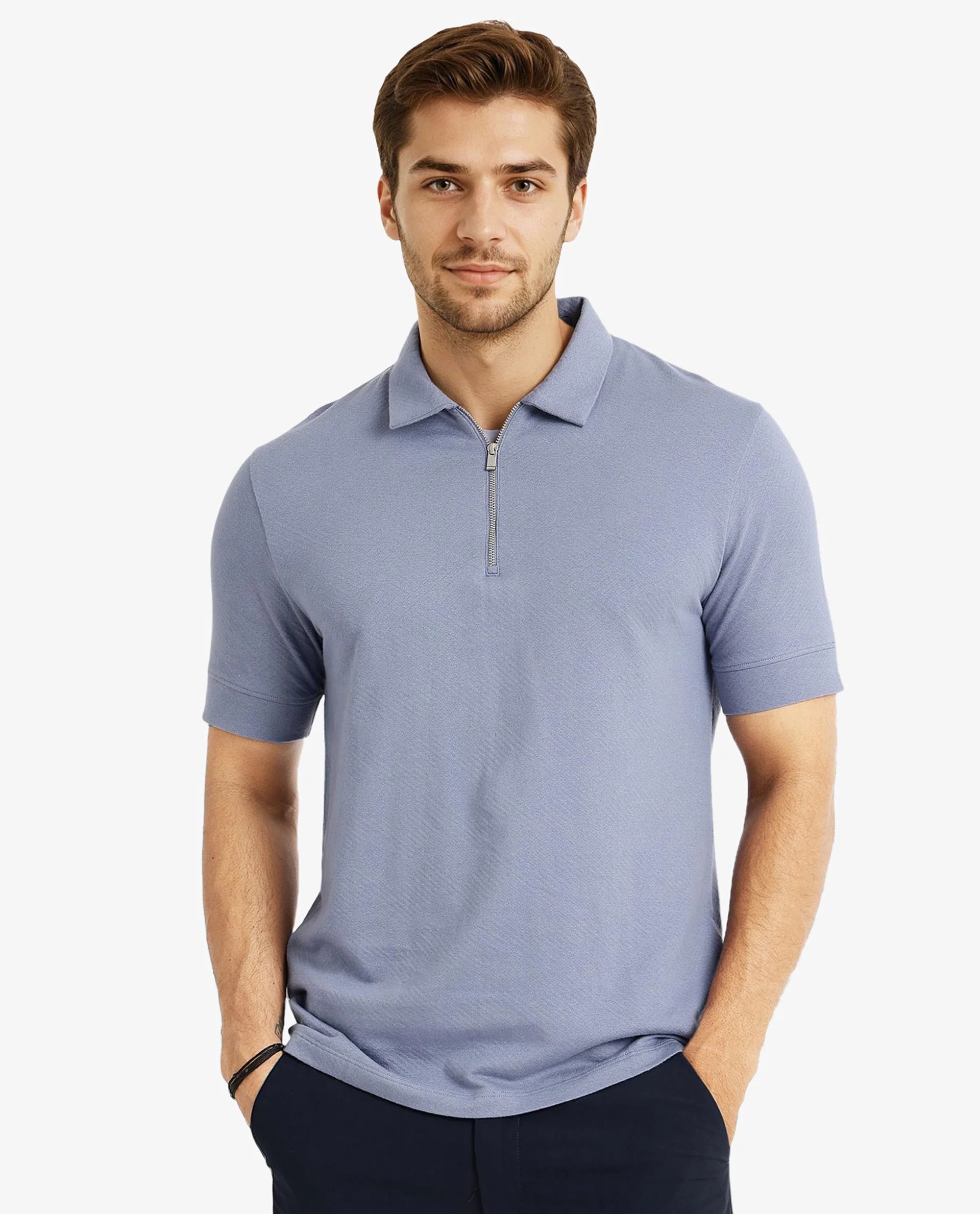 Rare Rabbit Men Cabe-1 Dusky Blue Cotton Fabric Zipper Closure Half Sleeve Tonal Jacquard Polo T-Shirt