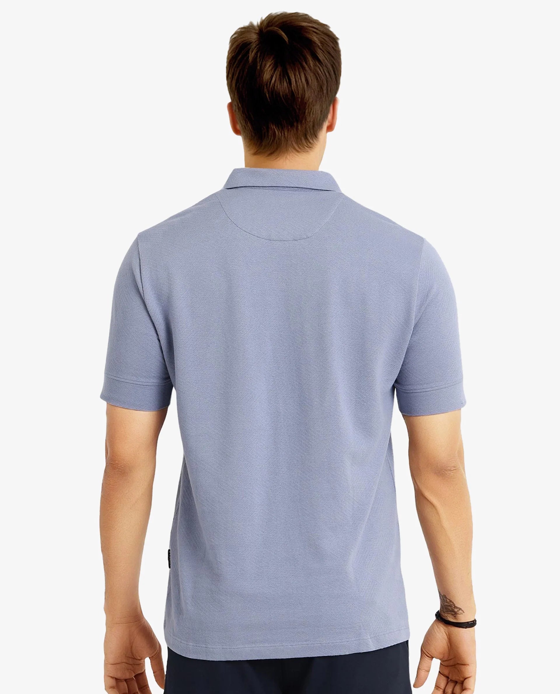 Rare Rabbit Men Cabe-1 Dusky Blue Cotton Fabric Zipper Closure Half Sleeve Tonal Jacquard Polo T-Shirt