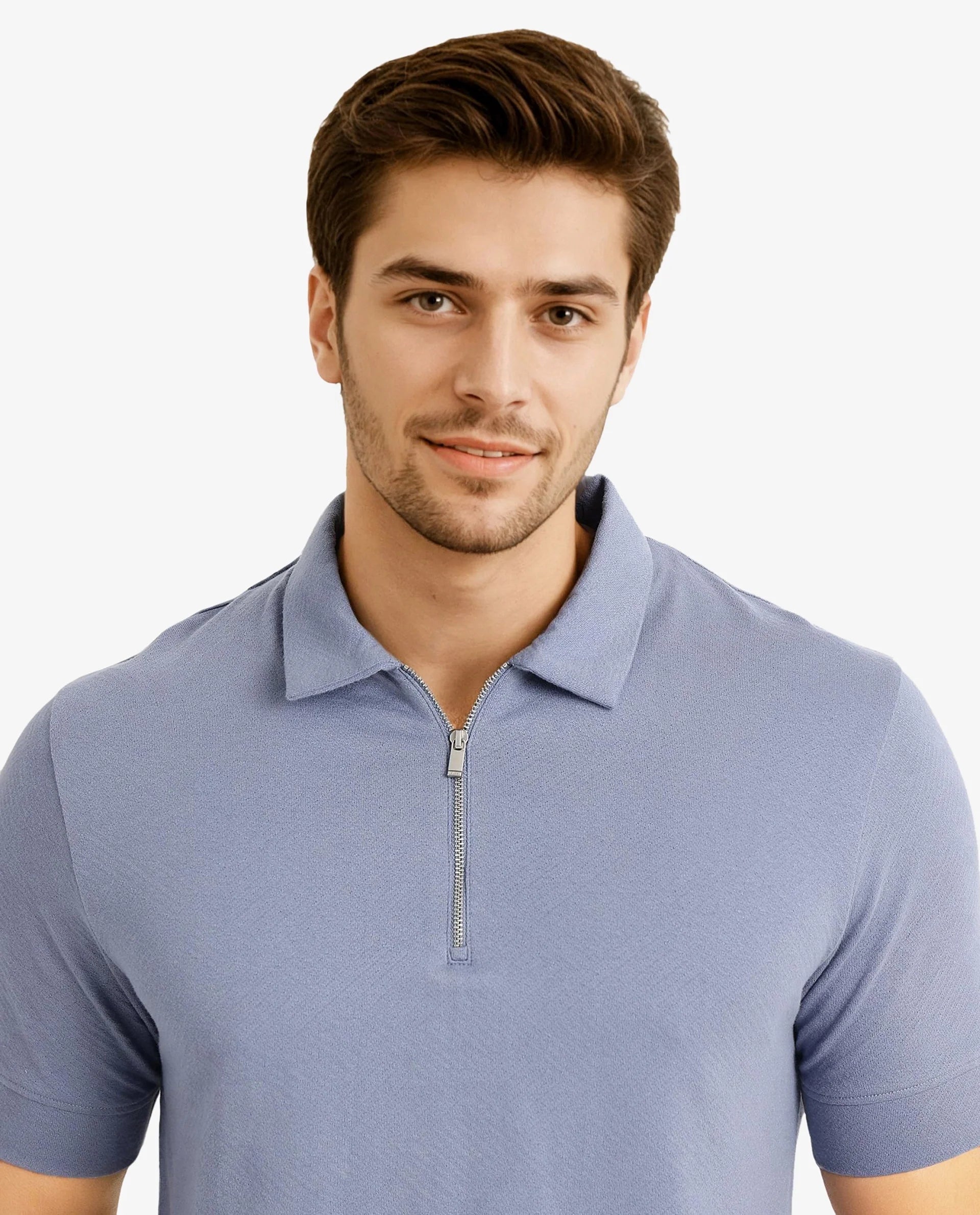 Rare Rabbit Men Cabe-1 Dusky Blue Cotton Fabric Zipper Closure Half Sleeve Tonal Jacquard Polo T-Shirt