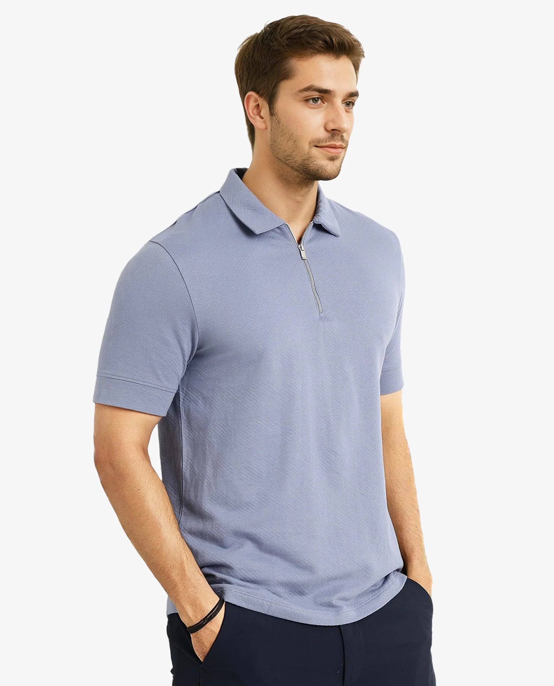 Rare Rabbit Men Cabe-1 Dusky Blue Cotton Fabric Zipper Closure Half Sleeve Tonal Jacquard Polo T-Shirt