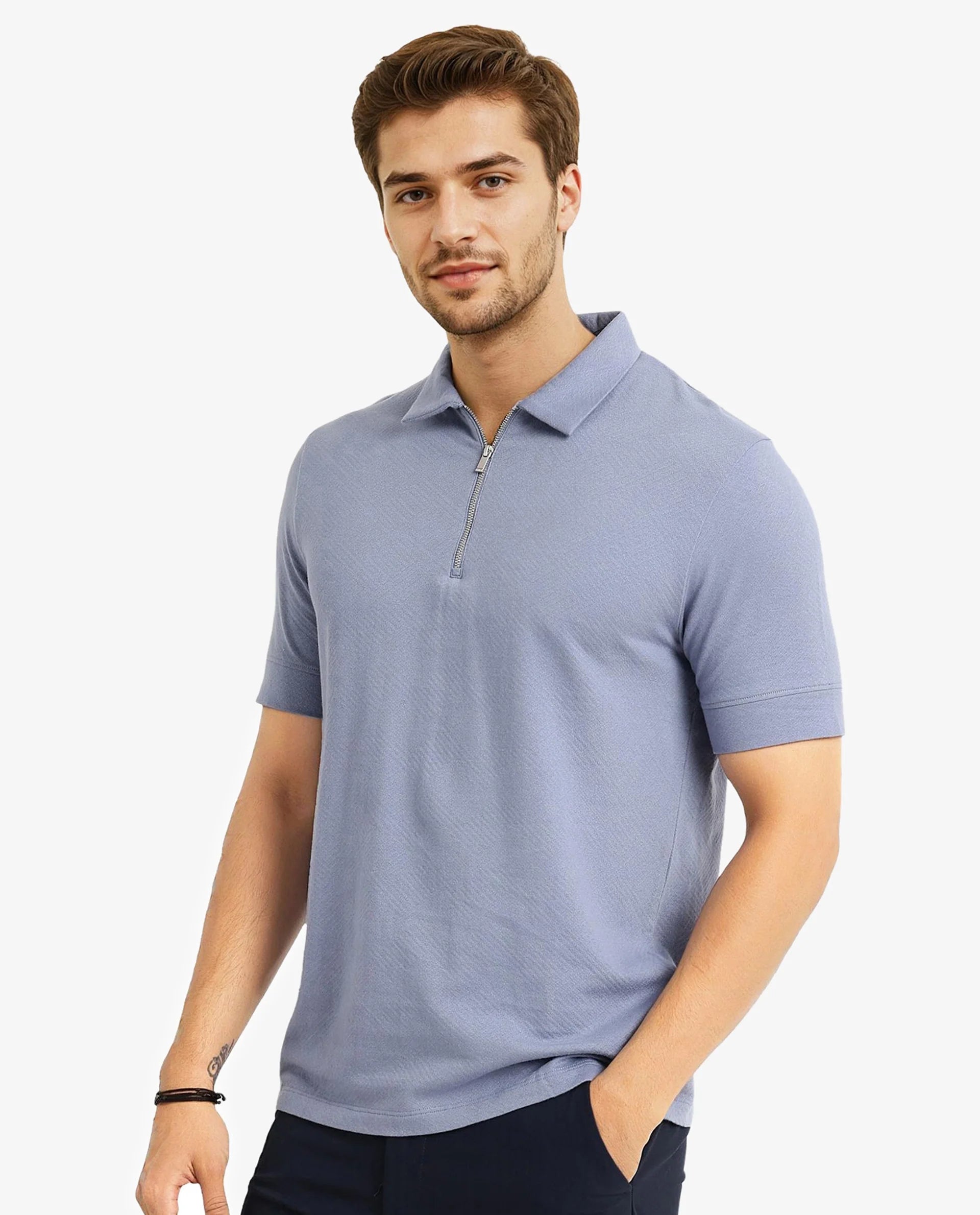 Rare Rabbit Men Cabe-1 Dusky Blue Cotton Fabric Zipper Closure Half Sleeve Tonal Jacquard Polo T-Shirt